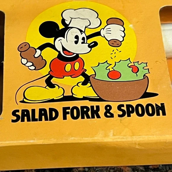 Vintage‎ Disney Mickey Mouse Wood and Ceramic Salad Fork And Spoon Set in Box - Picture 6 of 9